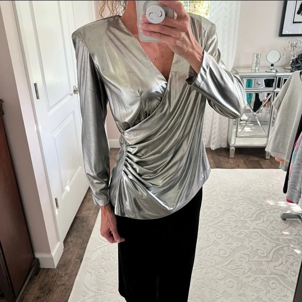 Vintage 80s Betsy & Adam Lame Metallic Faux Wrap Big Shoulder Pad Blouse L - Picture 6 of 6